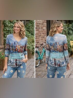 Abstract Cityscape V-Neck Long Sleeve Top - Multicolor